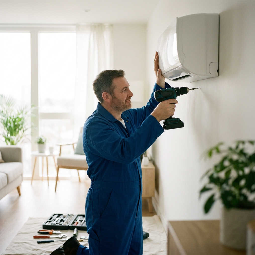 A wall-mounted split air-conditioning unit cooling a UK living room